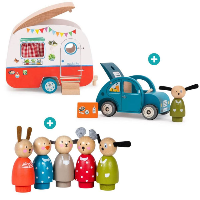 Trio La Grande Famille : Voiture + Caravane + Figurines - Ensembles de jeu by Moulin Roty