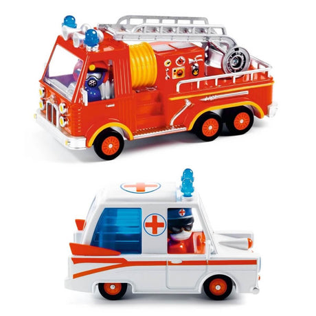 Véhicules d'urgence Crazy Motors - Pompier + Ambulance - Véhicules de jeu by Djeco