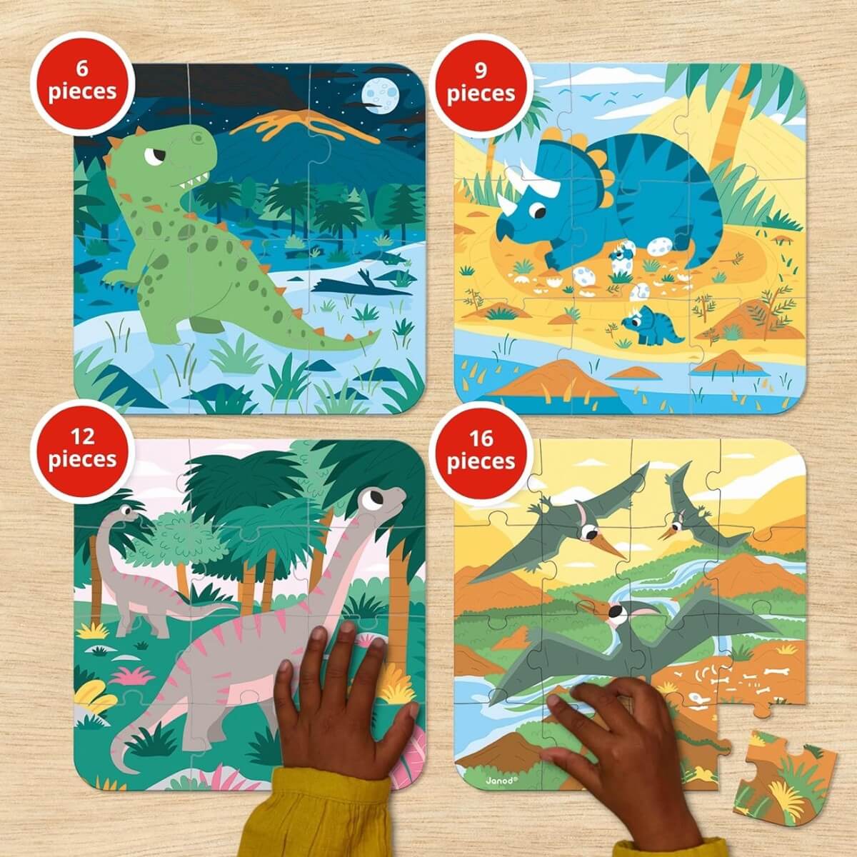 4 puzzles évolutifs - Dinosaures (6 à 16 pcs)-Casse-têtes-Janod-Comme des Pirates