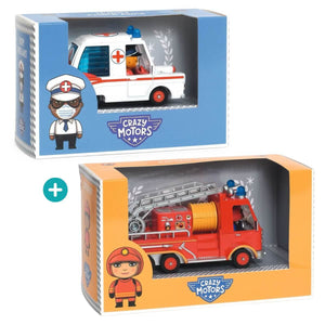 Duo de véhicules d'urgence - Pompier + Ambulance Crazy Motors - Véhicules de jeu by Djeco