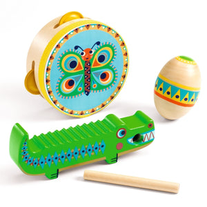 Set de percussions Animambo: tambourin, maracas, guiro - Jouets musicaux by Djeco