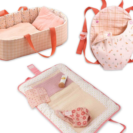 Trio Pomea rose - Sac à langer + Lit + Porte-bébé - Accessoires poupée by Djeco