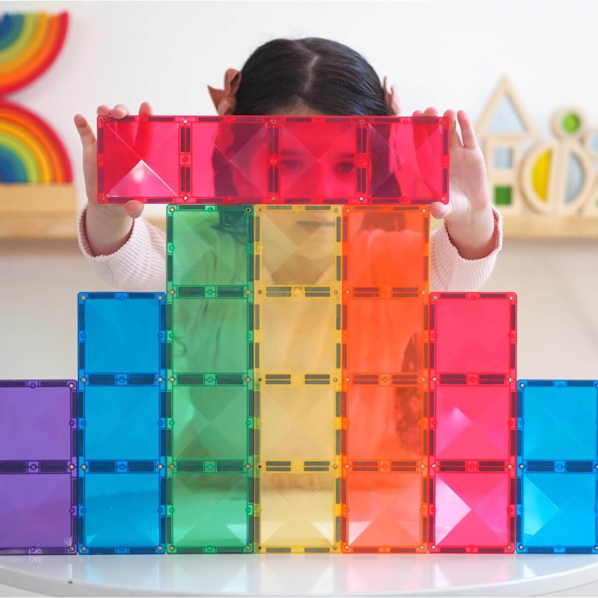 知育玩具 CONNETIX MAGNETIC TILES Connetix - 42 Piece Rainbow Square Pack Magnetic Tiles